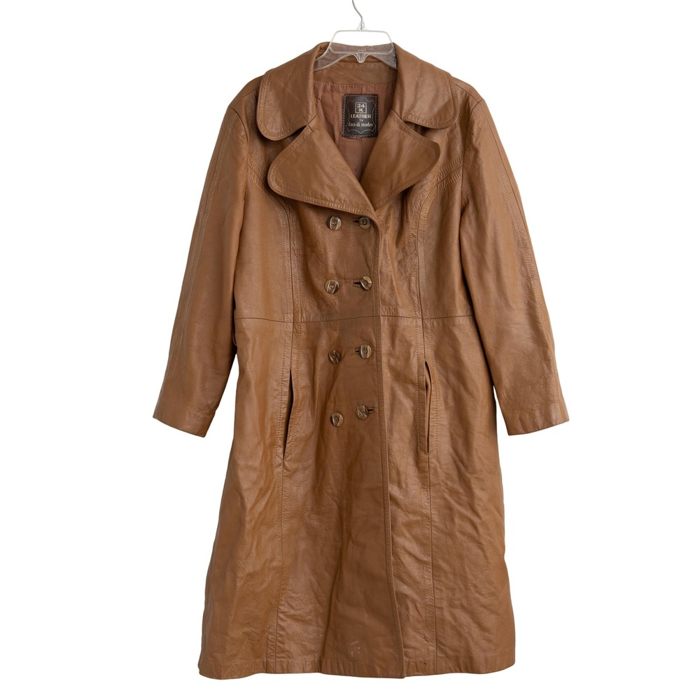 24K Leather Dan di Mode Trench Coat Brown Leather VTG 70s Minimalist Retro Sleek